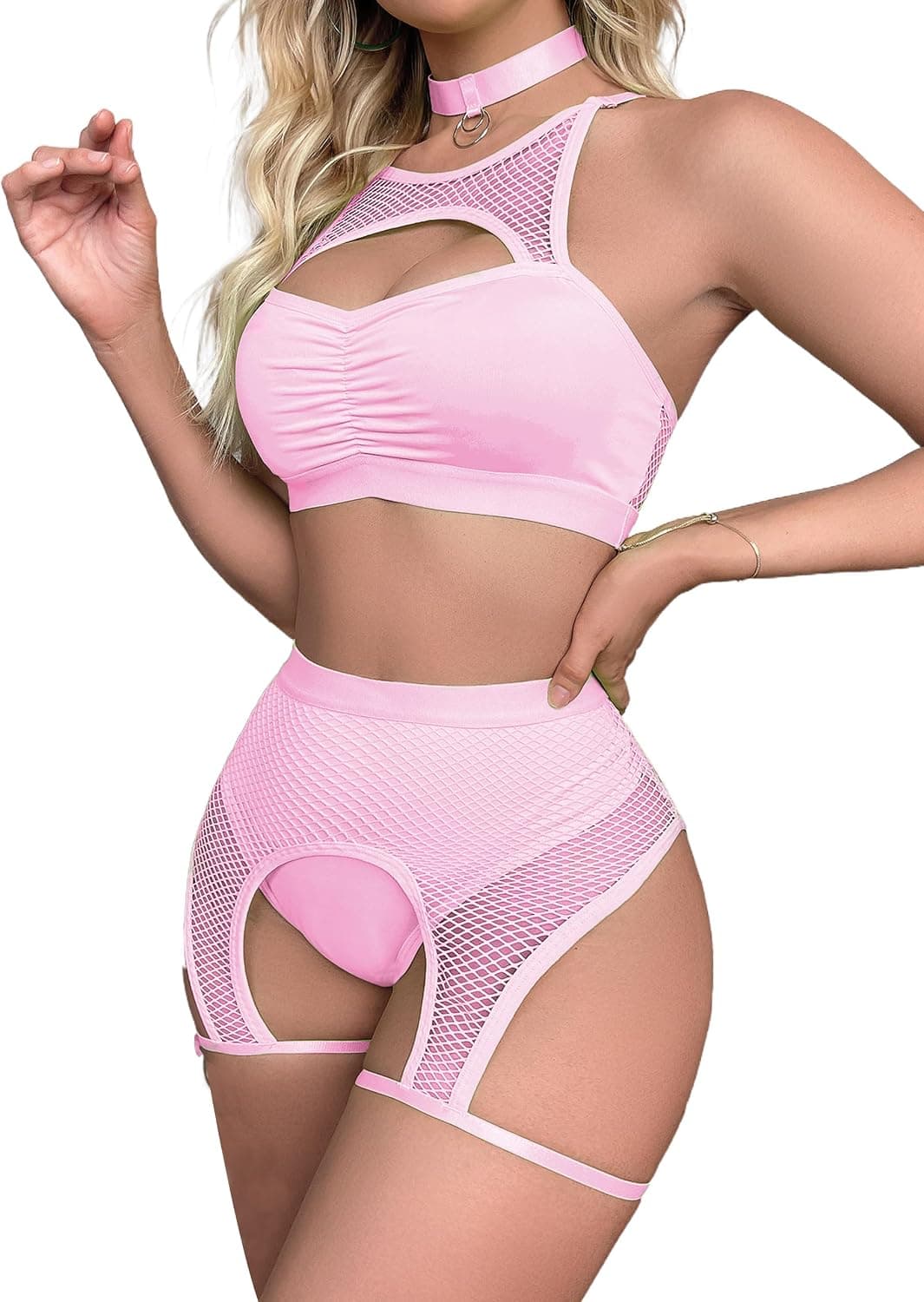 Rave Outfits for Women Festival Fishnet Lingerie Set Booty Shorts 3Pcs Babydoll Cutout Nightwear with Choker